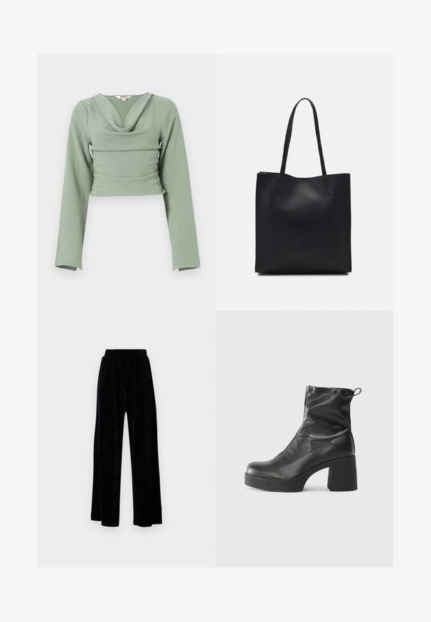 Top cropped de mangas longas em tecido menta suave e texturizado. Apresenta um decote drapeado em cowl e um design justo, com um detalhe de costura horizontal.; Calças largas pretas feitas de veludo suave, com um cós elástico e uma textura lisa, sem detalhes ou padrões visíveis.; Botas de tornozelo pretas feitas de couro liso, com fecho lateral, salto grosso texturizado e design de bico arredondado.; Bolsa tote preta em couro com textura lisa, forma retangular e duas alças longas. Sem hardware ou enfeites visíveis.