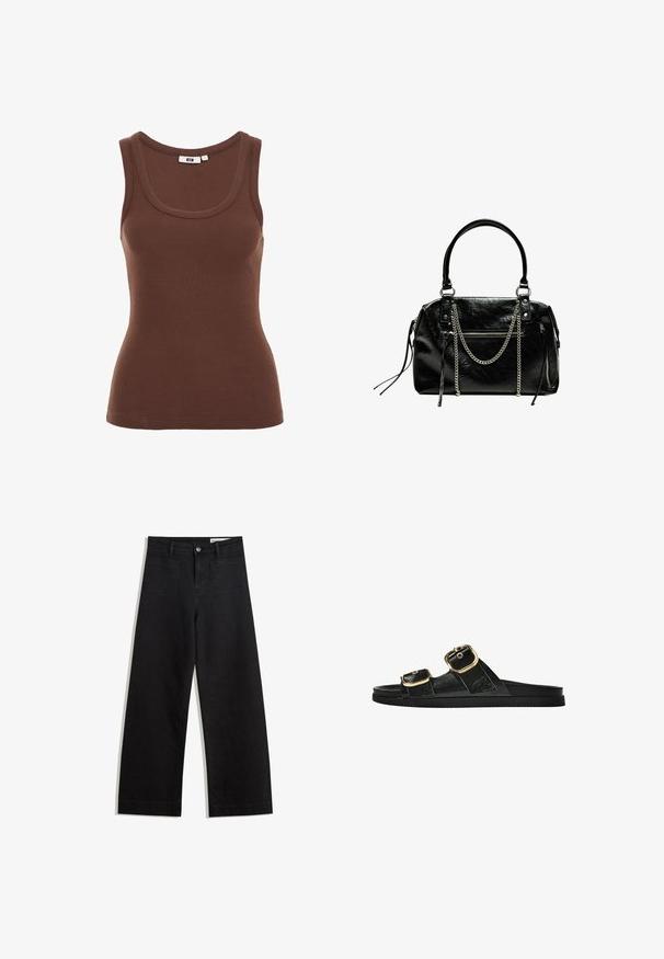Hnedý rebrovaný top s okrúhlym výstrihom, širokými ramienkami a priliehavým strihom, vyrobený z mäkkej elastickej tkaniny.; Čierne denimové nohavice s širokými nohavicami a vysokým pásom, so prednými a zadnými vreckami, šitými švami a zapínaním na gombík. Hladká textúra.; Čierne šľapky s dvoma zlatými prackami, hladký textúrovaný materiál, plochá podrážka a minimalistický dizajn.; Bershka WITH CHAIN - Kabelka - black