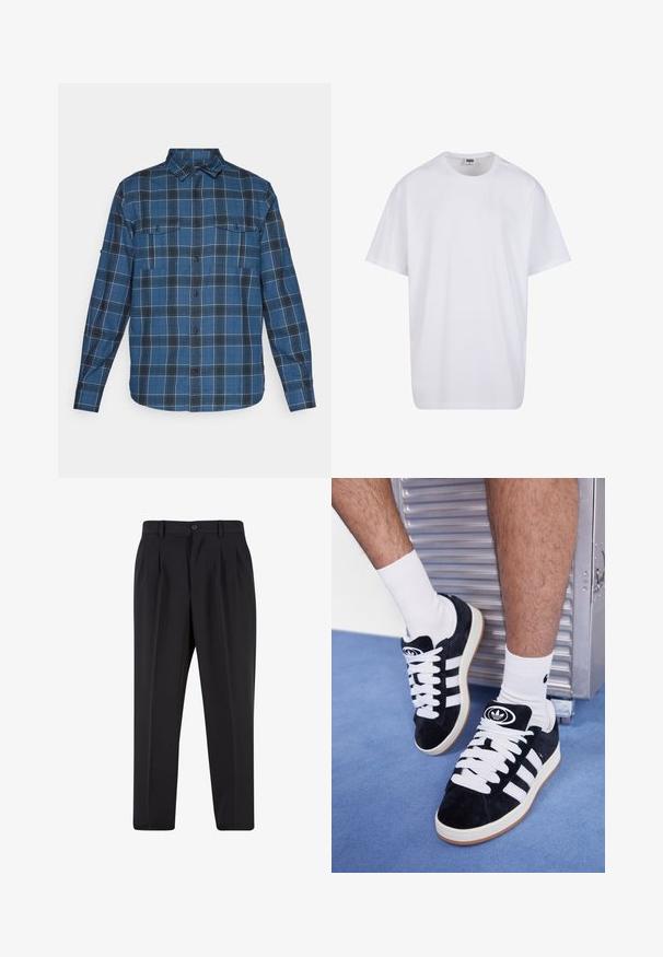 Niebieska koszula w kratę z długimi rękawami, zapinana na guziki z przodu, z dwiema kieszeniami na piersi i miękką teksturą. Posiada białe i szare linie siatki.; Biała bawełniana koszulka z krótkimi rękawami, okrągłym dekoltem, luźnym krojem i bez widocznych logo lub wzorów. Gładka tekstura i minimalistyczny design.; Czarne spodnie z plisowanym przodem, wykonane z gładkiego materiału. Zapięcie na guzik i szlufki na pasek; prosty krój nogawek.; Czarne zamszowe sneakersy z białymi sznurówkami i trzema białymi paskami. Posiadają okrągłe czarne logo na języku i gumową podeszwę.