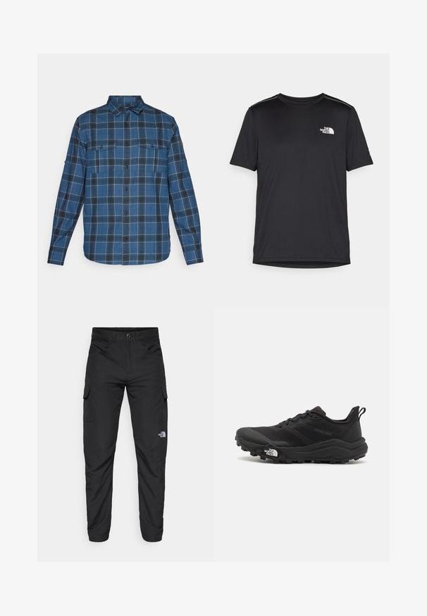 Camisa xadrez azul com mangas longas, botão na frente, dois bolsos no peito e uma textura suave. Apresenta linhas em grade brancas e cinzas.; T-shirt preto de manga curta feito de um tecido leve. Apresenta um pequeno logo branco ao lado esquerdo do peito e detalhes subtis nos ombros.; The North Face HORIZON PANT - Calças para exterior - black; Sapatilha de trail running preta com um upper texturizado, sola de borracha e biqueira reforçada. Possui um colarinho acolchoado e uma alça para facilitar o calçar.