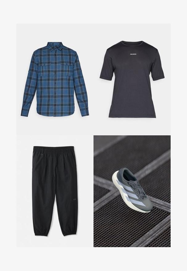 Kék kockás ing hosszú ujjal, gombos elülső résszel, két mellzsebbel és puha tapintással. Fehér és szürke rácsos vonalakkal rendelkezik.; Fekete rövid ujjú teljesítmény póló lélegző anyagból, kerek nyakkivágással és apró fehér "SALOMON" logóval a mellen.; Fekete, laza, gumis derekú nadrág oldalsó zsebekkel, bokánál gumírozott szárakkal és egy apró logóval a jobb combon.; Szürke és fehér sportcipő, szintetikus anyagból, áramvonalas kialakítással, texturált felülettel és hangsúlyos fűzőrendszerrel.