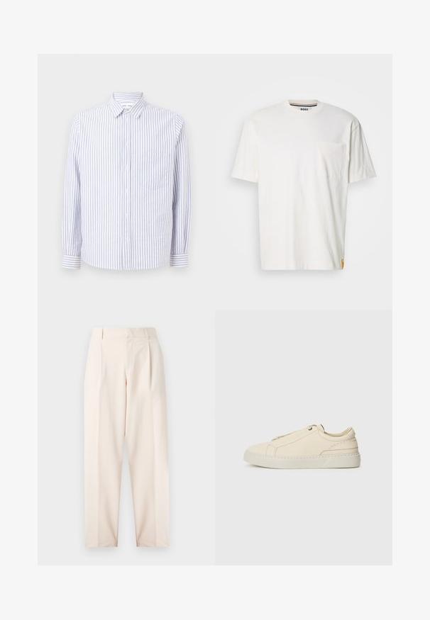 Gestreepte overhemd in lichtblauw en wit. Kenmerkt zich door een puntige kraag, lange mouwen en een enkele borstzak. Katoenen stof.; Witte katoenen t-shirt met een ronde hals, korte mouwen en een linkse borstzak. Bevat een klein logo-label op de zijnaad.; Beige op maat gemaakte broeken met een hoge taille, plooien en een rechte pasvorm. Gemaakt van een gladde stof met zijzakken en een nette afwerking.; Beige leren sneaker met een ronde neus, minimalistisch ontwerp, subtiele stikdetails en een gestructureerde bovenkant, op een lichte zool.