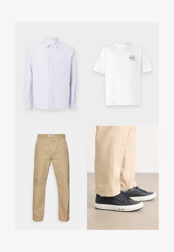 Ribadee säärepuuga helesinises ja valges. Omab teravat kraed, pikki varrukaid ja ühte rinna-taskut. Puuvillane kangas.; Valge puuvillane T-särk lühikeste varrukatega, ümmarguse kaelusega, mille vasakul rinnal on must CK logo, tavaprofiil, sile tekstuur.; Beežid, kerged puuvillased püksid sirge sääre kujundusega, millel on nööbilukuga kinnitamine ja kerge tekstuur. Lacoste logo vöökohal.; Tumed sinised tennisekotid sileda naha ülemise osaga, valge kummist talla ja detailsete paeltega. Kombineeritud beežide, laba üleulatuvate pükstega.