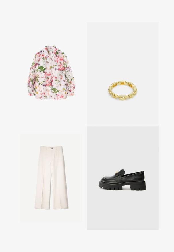 Floral-patterned shirt with a light pink background, featuring green leaves and various colorful flowers. Button-up design, long sleeves.; Cream wide-leg trousers with a tailored design, featuring two front pockets and a single front button closure, made from smooth fabric.; Black leather loafers with a chunky sole, featuring a gold-tone accent on the front and a smooth finish. Chunky tread design on the sole.; Gold-toned ring with a textured design, featuring round accents and small clear stones set in a circular band.