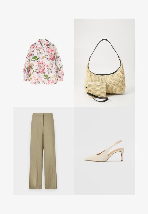 Ziedu raksta krekls ar gaiši rozā fonu, uz kura ir zaļas lapas un dažādu krāsu ziedi. Pogājams dizains, garas piedurknes.; Gaiši zaļi, platā kāja bikses, izgatavotas no linu. Piedāvā augstu jostu un tīru priekšpusi ar vienu krokā.; Beige ādas slingback zābaki ar norādītu pirkstu, atvērtu sānu dizainu un šauru augstu papēdi. Satur zelta akcentu uz jostas.; Auduma salmu rokassoma ar izliekta siluetu, kas ir aprīkota ar gludu melnu ādas rokturi un atbilstošu mazu maciņu, kas piestiprināts pie plaukstas siksniņas.; Zelta kaklarota ar delicātu ķēdi un apaļu piekari, rotātu ar mazām, iemontētām dārgakmeņiem, kas uzsver tās starojošo izskatu.