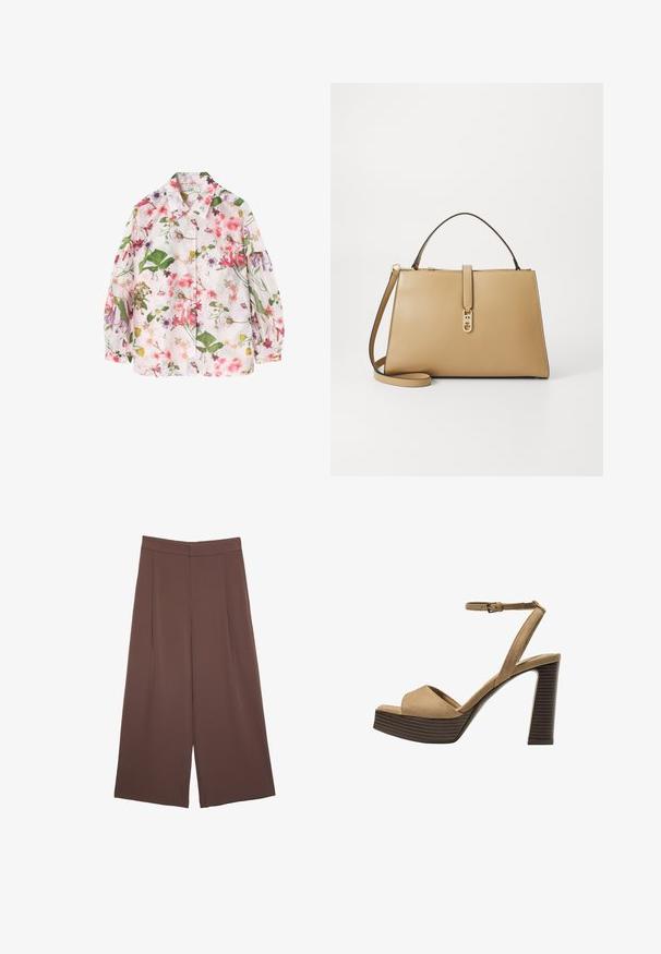 Blomster-mønstret skjorte med en lys pink baggrund, der har grønne blade og forskellige farverige blomster. Knappet design, lange ærmer.; Brune bredbunde bukser med en glat tekstur, der har høj talje og plisseringer foran. Stoffet er let og falder løst.; Beige ruskinds højhælede sandaler med en bred foranrem og ankelrem, der har en kraftig træblokhæls struktur.; Tommy Hilfiger LIBRE SATCHEL - Håndtasker - safari