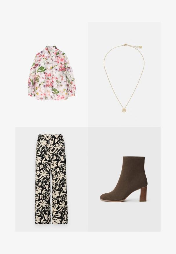 Camisa de patrón floral con un fondo rosa claro, que presenta hojas verdes y diversas flores coloridas. Diseño con botones, de manga larga.; Pantalones de pierna ancha negros con un patrón floral crema. Fabricados en un tejido ligero, con una textura suave y una cintura alta.; Botín de ante marrón hasta el tobillo con punta redonda y un tacón apilado y texturizado. Exterior liso sin cierres o adornos visibles.; Collar de oro con una delicada cadena y un colgante redondo adornado con pequeñas piedras preciosas engastadas, que realzan su apariencia radiante.