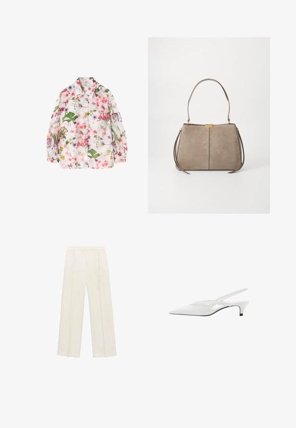 Camicia con motivo floreale su sfondo rosa chiaro, con foglie verdi e vari fiori colorati. Design a bottoni, maniche lunghe.; Pantaloni a gamba larga di un leggero colore crema. Realizzati in un tessuto morbido con pieghe sul davanti e tasche laterali.; Décolleté bianco con punta affilata, caratterizzato da una tomaia liscia, sottili aperture e un tacco a blocco basso. La suola nera esalta il design.; Tommy Hilfiger CASUAL SHOULDER BAG - Borsa a mano - coastal taupe