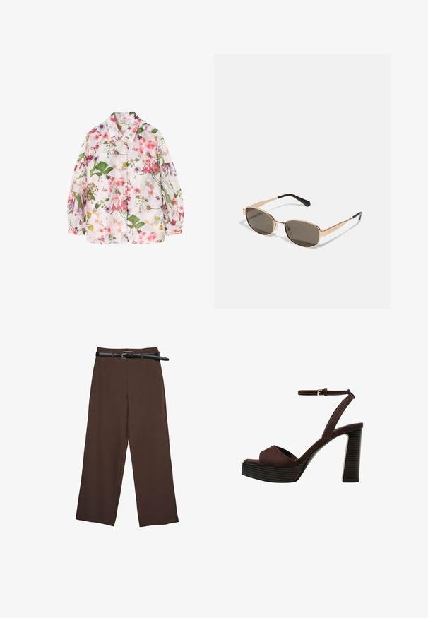 Košeľa s kvetinovým vzorom na svetloružovom pozadí, obsahujúca zelené listy a rôzne pestrofarebné kvety. Zapínanie na gombíky, dlhé rukávy.; Hnedé široké nohavice s hladkým povrchom, ktoré majú čierny opasok a upravený pás, poskytujúci štruktúrovaný strih.; Hnedé semišové sandále na vysokom podpätku s otvorenou špičkou, nastaviteľným členkovým remienkom a pruhovanou platformovou podrážkou.; Obdĺžnikové slnečné okuliare s zlatým kovovým rámom a tmavými sklíčkami. Doplniteľné štíhlymi čiernymi ramenami, ktoré preukazujú minimallistický dizajn.; Hnedá kožená taška so zberaným vrchom a reťazovým popruhom. Hladký povrch s lesklým finišom a jemným švom po stranách.