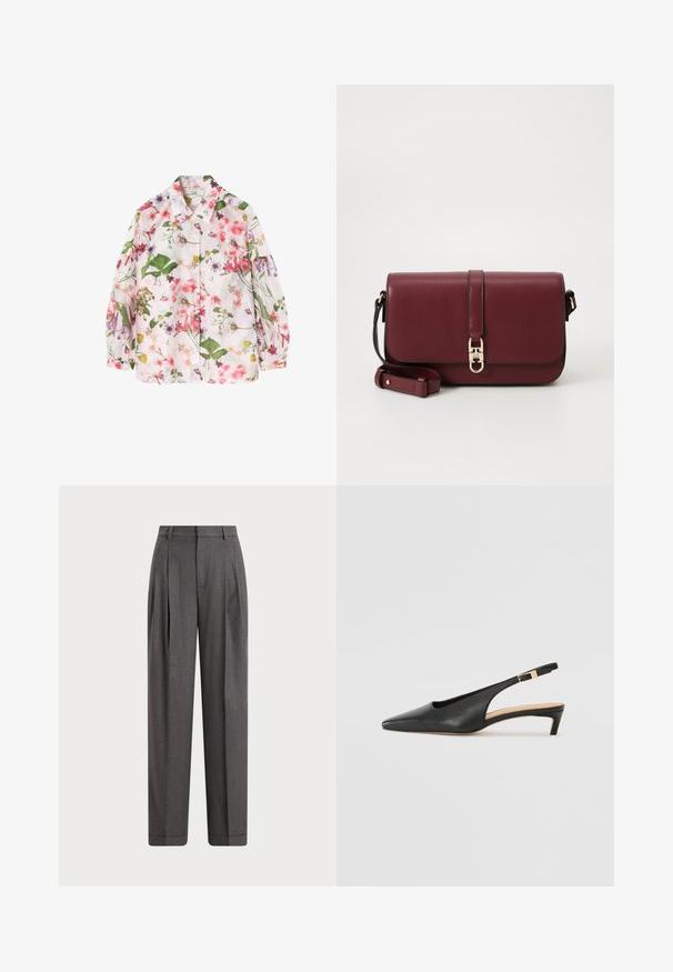 Floral-patterned shirt with a light pink background, featuring green leaves and various colorful flowers. Button-up design, long sleeves.; Gray tailored trousers with a high waist, pleated design, and wide legs. Made from textured fabric with a smooth finish.; Black leather slingback heel with a pointed toe, low heel, and an adjustable ankle strap featuring a gold-tone buckle. Smooth texture.; Tommy Hilfiger LIBRE FLAP CROSSOVER - Cross body bag - deep rouge