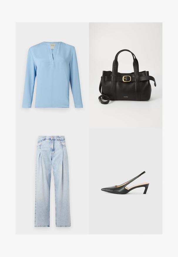Lys blå langermet topp med V-hals, jevn tekstur og rene linjer. Har minimale sømdetaljer på fronten.; Lyseblå denimjeans med høy livlinje, vide ben, to sidelommer og plisserte detaljer. Myk tekstur med en falmet finish.; Svart spiss tå slingback-sko med lav hæl, laget av jevnt skinnmateriale og med utskåret design på siden for pusteevne.; Svart lærveske med en strukturert design, doble topphåndtak, gullfarget spenneakent og preget merke-logo foran.