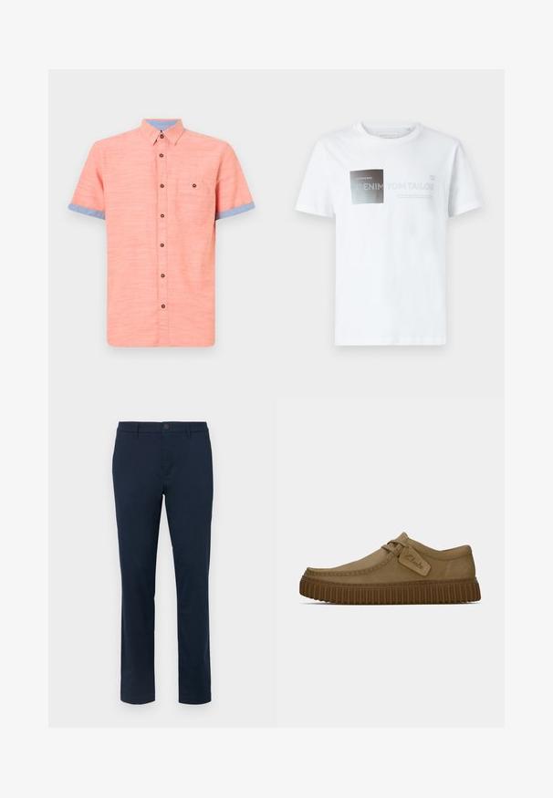 Kratek rokav s srajčnim gumbom v koralni barvi, z modrimi ovratniki in poudarki na manšetah, z žepom na zalogi in rjavimi gumbi. Teksturna tkanina.; Bela bombažna kratkotrajna majica s kratkimi rokavi, ki prikazuje črno-sivo grafično zasnovo z besedilom. Okrugli izrez, sproščen kroj, gladka tekstura.; Temno modri chinos hlače iz gladkega materiala. Naravnost krojene zanko in enojnim zapiranjem na gumb. Brez vidnih vzorcev ali dodatkov.; Svetlo rjave antilop čevlje z ovalnim nosom, šivi in ribasto rjavo gumijasto podplat. Ima stransko oznako z logotipom "Clarks".