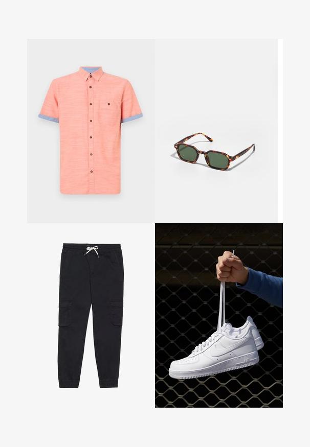 Korte mouwen button-up shirt in koraal, met een blauwe kraag en manchetten, voorzien van een patchzak en bruine knopen. Geweven stof.; Zwarte cargobroek van katoen, met een elastische tailleband en een trekkoord, zijzakken en toelopende boorden.; Witte leren sneakers met perforaties, ronde neus, vlakke zool en dikke veters, met een zichtbare swoosh-logo en "AIR" op de hiel.; Tortoiseshell zonnebrillen met groene glazen, met een octagonaal formaat en slanke, gebogen armen. Materiaal heeft een glanzende afwerking.