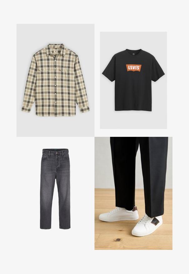 Hosszú ujjú kockás ing bézs, fekete és barna szövetből, gombos záródással, két mellzsebbel és klasszikus gallér kialakítással.; Fekete pamut póló nagy narancssárga Levi's logóval az elején, rövid ujjú és kerek nyakkivágással.; Sötétszürke farmernadrág egyenes láb kialakítással, magas derékkal, öt zsebes stílussal és enyhe kopással. Fém gomb és cipzáras zárás.; Fehér sneaker, sima textúrával, barna bőr díszítéssel és fekete részletekkel, fekete szabott nadrággal párosítva. Fából készült padló háttér.