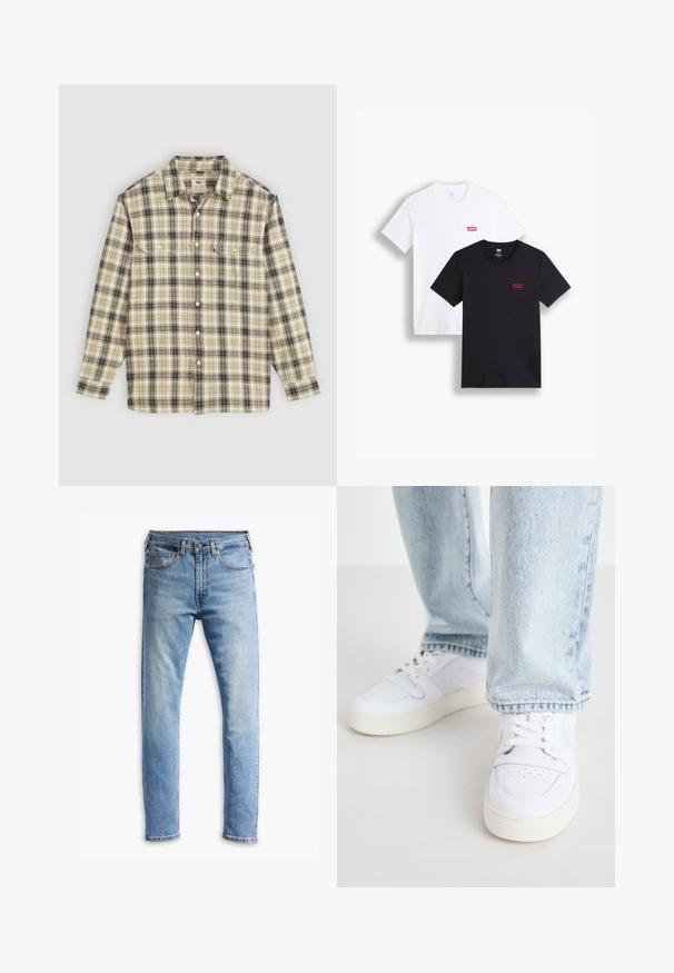 Beżowa, czarna i brązowa koszula w kratę z długim rękawem, z zapięciem na guziki, dwiema kieszeniami na piersi oraz klasycznym kołnierzykiem.; Dwie koszulki z krótkim rękawem: jedna biała, a druga czarna. Obie wykonane z bawełny z czerwonym logo Levi's na piersi. Prosty design z okrągłym dekoltem.; Jasnoniebieskie dżinsy o prostym kroju, pięć kieszeni, zapięcie na guzik i delikatne przetarcia na materiale.; Białe skórzane sneakersy niskie z perforowanym noskiem, płaskimi sznurowadłami i minimalistycznym designem. Połączone z jasnoniebieskimi dżinsami.