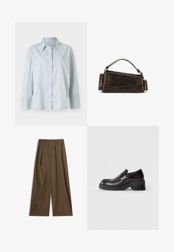 Világoskék és fehér csíkos gombos ing hosszú ujjakkal, klasszikus gallérral és kontrasztos csíkos mandzsettákkal. Sima szövettextúra.; Barna, széles lábú nadrág vékony fehér csíkokkal, magas derékkal, elől gombos záródással és átkötős stílusú panellel.; Barna bőr loaferek, vastag fekete sarokkal, díszített varrással és egy szíjjal a felső részen, amely további részleteket ad.; Barna bőr kézitáska geometrikus mintával, felső fogantyúval és sárgaréz cipzár díszítéssel. A logó a táska oldalán van bedomborítva.; Arany színű Fossil óra texturált, krémszínű számlappal, vékony órák jelzőivel és koronával. Jellemzője a kerek tok, bordázott lünetta.