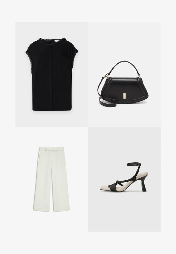 Schwarz Oberteil mit einer glatten, weichen Textur und Fransendetails an den Ärmeln und am Ausschnitt. Schlichte, lockere Silhouette.; Weite Hose aus zartem Creme-Stoff, mit seitlichen Taschen, flatem Bund und einer Knopfverschluss an der Taille. Glatte Textur.; Schwarze Absatzsandale mit geflochtenem Riemendesign, quadratischer Spitze und verstellbarem Knöchelriemen. Helle beigefarbene Sohle mit glänzendem schwarzen Absatz.; Schwarze Lederhandtasche mit einem strukturierten Design, das eine verkürzte Form, einen oberen Griff und goldfarbene Hardware-Details aufweist. Verstellbarer Schulterriemen ist enthalten.