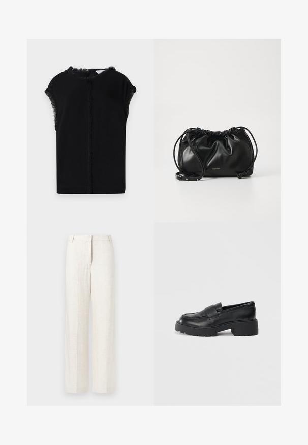 Svart topp med en jevn, myk tekstur og frynse detaljer langs ermene og halsen. Enkel, avslappet silhuett.; Beige vidde bukser i en blanding av lin, med en glatt tekstur, klassiske frontfolder og sidelommer for ekstra funksjonalitet.; Sorte lærloafers med en teksturert overflate, med en rektangulær stropp over vampen og en kraftig, klumpete såle.; Svart lærveske med samlet design, dobbel snoråpning og avtagbar skulderrem. Har metallisk logodetalj.