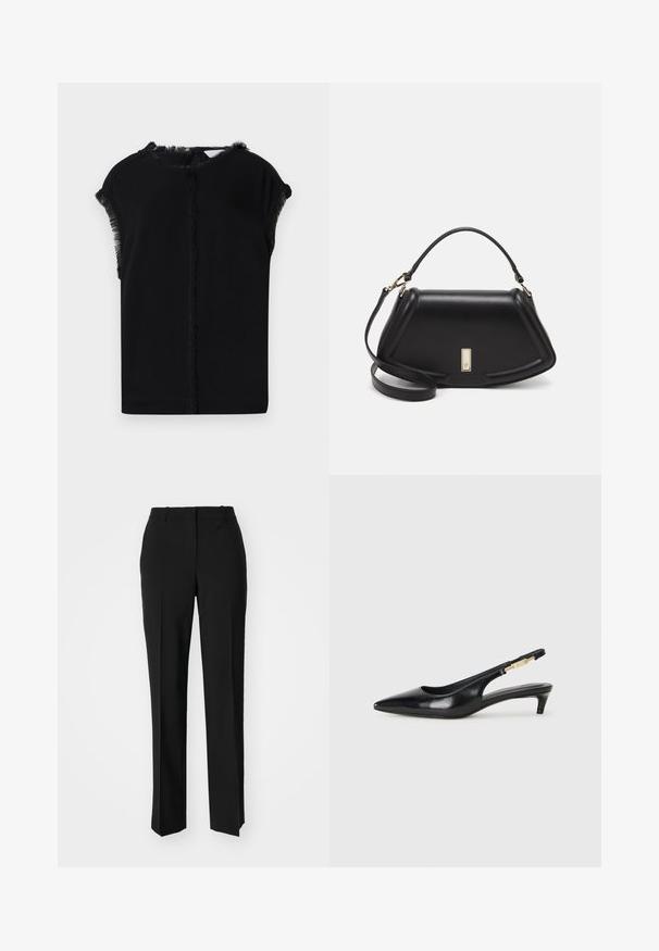 Melna blūze ar gludu, mīkstu tekstūru, kurai ir frizūras detaļas sānos un apkaklē. Vienkārša, brīva silueta.; Melnas pielāgotas bikses ar taisnu kāju dizainu, kas raksturojas ar gludu faktūru un asiem krokām pa priekšu. Nav redzamu metāla detaļu.; Melnas ādas slingback zābaki ar smailu purngalu, ar šauru papēdi un zelta krāsas akcentu uz regulējama siksniņas. Gluda tekstūra.; Melnas ādas roku soma ar struktūru, ar īsu formu, augšējo rokturi un zelta aksesuāriem. Iekļauta regulējama plecu siksna.