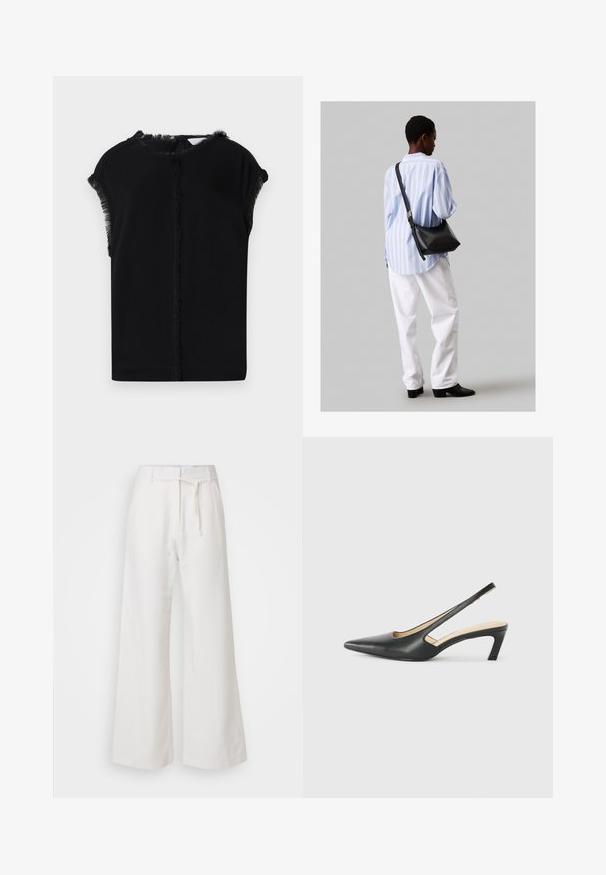 Fekete felső, sima, puha textúrával, frufru részletekkel az ujjakon és a nyakvonalon. Egyszerű, laza sziluett.; DAY Birger et Mikkelsen TERRI SOLID - Nadrágok - cloud cream; Fekete, hegyes orrú, slingback cipő alacsony sarkával, sima bőrből készült, oldalt kivágott deisgnal a légáteresztőképesség érdekében.; Fekete bőr válltáska puha tapintással, háromszög alakú, állítható pánttal, világoskék csíkos inggel és fehér nadrággal párosítva.