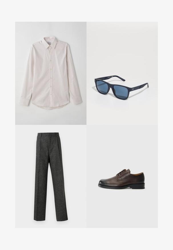 Gai rozā krāsa, garās piedurknes krekls ar pogām, izklātu apkakli, vertikālām svītrām un noapaļotu apakšmalu. Rāda beigžu pogas un gludu tekstūru.; Pelēki piegriezti bikses, izgatavotas no tekstūras auduma, ar diviem priekšējiem krokām un taisnu kāju dizainu. Nav redzamu kabatu vai rotājumu.; Brūnu ādas kurpes ar noapaļotu purngala formu, zemu papēdi, saitēm un gludu virsmu. Iezīmē minimālu šūšanu un spīdīgu apdari.; Zilie taisnstūra saulesbrilles ar tumšiem stikliem, matēta jūras zila ietvaros, logo detaļa uz tempļa, taisnas rokas un cieta, gluda virsma.