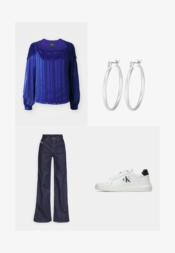 Violetinė bliuskutė su ilgomis permatomomis rankovėmis, vertikaliomis juostelėmis ir tekstūruotais pečių akcentais. Lygi medžiaga su šiek tiek blizgesio.; Tamsiai mėlynos plačios kojų džinsinės kelnės iš denimo audinio su aukštu liemeniu, su oranžinėmis siūlėmis, penkių kišenių dizainu ir sagčių užsegimu.; Balti žemakulniai bateliai su juodu kulno dangteliu, platformos padu, raišteliais ir Calvin Klein "CK" logotipu šone.; Sidabriniai auskarai su sklandžiu, poliruotu paviršiumi. Apvalios formos ir saugus uždarymo mechanizmas. Lengvas dizainas, tinkantis kasdieniam dėvėjimui.