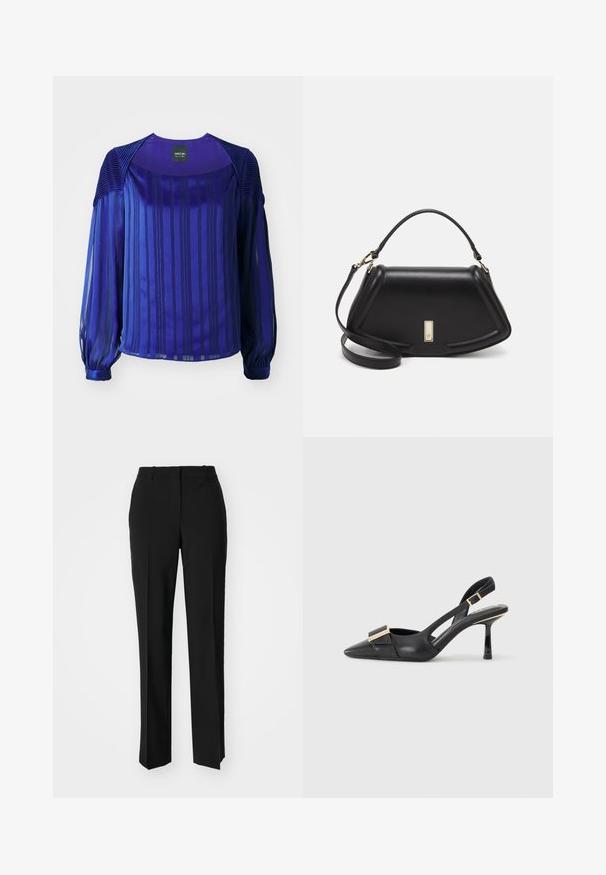 Lilla bluse med lange, gjennomsiktige ermer, vertikale striper og teksturerte skulderdetaljer. Glatt stoff med en lett glans.; Sorte skreddersydde bukser med rett silhuett, med en glatt tekstur og klare pressede bretter foran. Ingen synlig maskinvare.; Svart skinn slingback-sko med spiss tå, slank hæl og gullfarget detalj på vampen. Glatt tekstur og strukturert design.; Sort lærveske med en strukturert design, som har en avkortet form, topphåndtak og detaljer i gull. Justerbar skulderstropp inkludert.