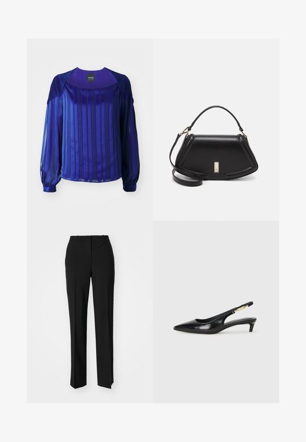 Violetti pusero, jossa on pitkät, läpikuultavat hihat, pystysuorat raidat ja teksturoitu olkakappale. Sileä kangas, jossa on kevyt kiilto.; Mustat räätälöidyt housut suoraa lahjetta, joissa on sileä pinta ja terävät taitteet edessä. Ei näkyvää metalliosaa.; Mustat nahkaiset slingback-korkokengät, joissa on terävä kärki, ohuet korot ja kultasävytteinen yksityiskohta säädettävässä hihnassa. Silkkinen pinta.; Mustalla nahkalaukulla, jossa on jämäkkä muotoilu, lyhyt malli, yläkahva ja kultaiset yksityiskohdat. Säädettävä olkahihna sisältyy.; Kulta-renkaat korvakorut, joissa on sileä, pyöreä muotoilu ja kiiltävä pinta. Varustettu lukolla kiinnittämistä varten. Kaiverrettu "DKNY".