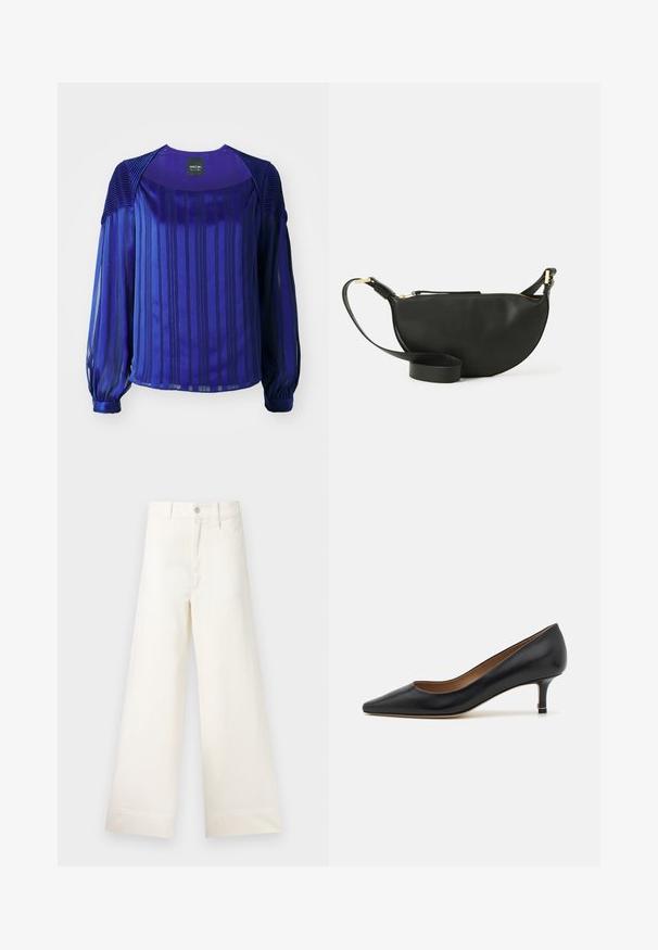Lila blúz hosszú, áttetsző ujjakból, függőleges csíkokkal és texturált válldíszítésekkel. Sima anyag, amelynek enyhe fényessége van.; Világos bézs pamut széles lábú nadrág. Magas derék, elülső zsebek és egyenes vonalú fazon jellemzi. Tiszta, mintázat nélküli hem befejezés.; Fekete bőr magassarkú cipő hegyes orral, alacsony, kisméretű sarokkal, sima textúrával és diszkrét arany díszítéssel a sarok alapján.; Fekete bőr keresztpántos táska félhold formában, texturált felülettel, arany cipzárral és lapos pánttal. Kompakt kialakítás, amely a fontos dolgok számára alkalmas.