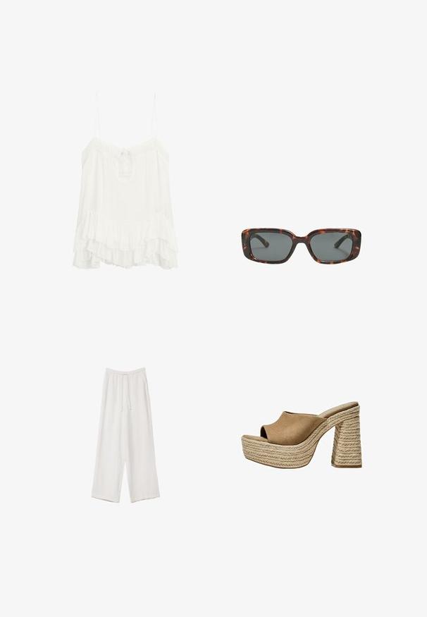 Witte mouwloze blouse van lichtgewicht stof, met een v-hals en een strik, en een gelaagde ruffle zoom. Verstelbare banden.; Witte wijde broek gemaakt van een lichte stof. Voorzien van een elastische tailleband met een trekkoord en zijzakken. Zachte textuur.; Bruine suède platform mules met een open teen, voorzien van een stevige gevlochten jute hak en een glad, rond ontwerp aan de bovenkant.; Schildpad zonnebril met rechthoekige glazen, dikke monturen en donkere glazen. Glad oppervlak en minimalistisch ontwerp.