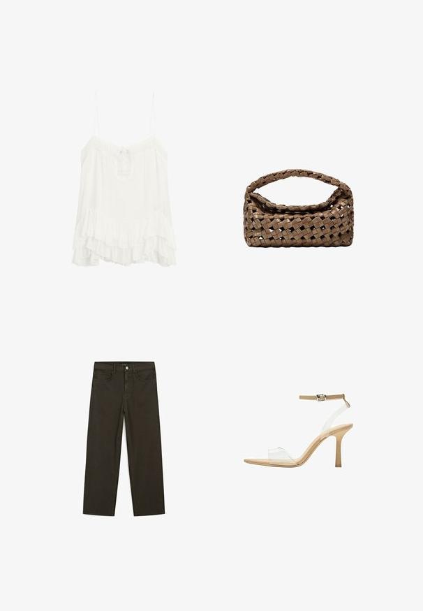 Witte mouwloze blouse van lichtgewicht stof, met een v-hals en een strik, en een gelaagde ruffle zoom. Verstelbare banden.; Donkergroene wijde jeans van een katoenmix, met een sluiting met een voorste knop, vijf zakken en klassieke denimstiksels.; Heldere sandaal met een doorzichtige bovenkant, beige voetbed en een slanke enkelriem. Voorzien van een spitse neus en een dunne hoge hak.; Geweven bruine handtas met een rechthoekige vorm, gestructureerd handvat en een textuurrijk oppervlak. Heeft een gesloten bovenkant en een ingewikkeld vlechtpatroon.