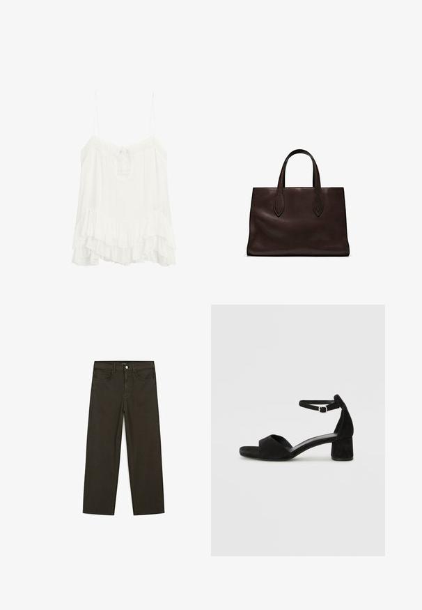 Blusa bianca senza maniche realizzata in tessuto leggero, con scollo a V e un laccio, e un orlo a volant a strati. Spalline regolabili.; Jeans a gamba larga di colore verde scuro, realizzati in tessuto misto cotone, dotati di chiusura con bottone frontale, cinque tasche e cuciture classiche in denim.; Sandali con tacco in suede nero, con una sottile fascia alla caviglia, design open toe e un discreto tacco a blocco. Texture liscia e decorazioni minime.; Borsa a spalla in pelle marrone con due manici lunghi, forma rettangolare strutturata, texture liscia e dettagli di cucitura sottili.