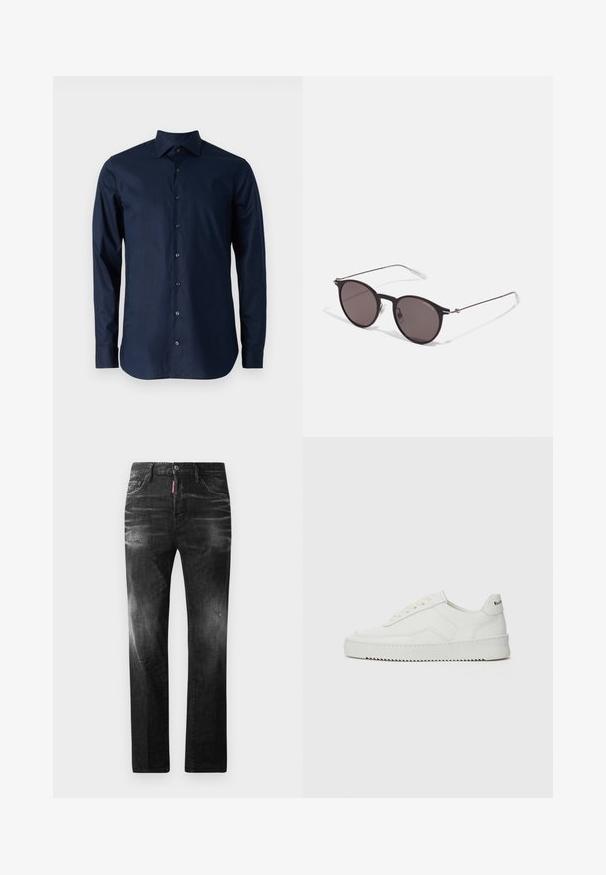 Camisa de manga longa azul-marinho feita de algodão, com design de botões, colarinho pontudo e botões pretos na parte da frente.; Jeans de denim preto com um corte reto. Apresentam áreas desbotadas, ligeira degradação, design clássico de cinco bolsos e um fecho de botão.; Sapatilha de couro branco com acabamento suave, bico redondo, atacadores planos e uma sola texturizada. Apresenta um logotipo discreto no calcanhar.; Óculos de sol redondos pretos com lentes escuras e hastes metálicas finas. Inclui pontas de templo transparentes e detalhes em prata na dobradiça. Design minimalista.