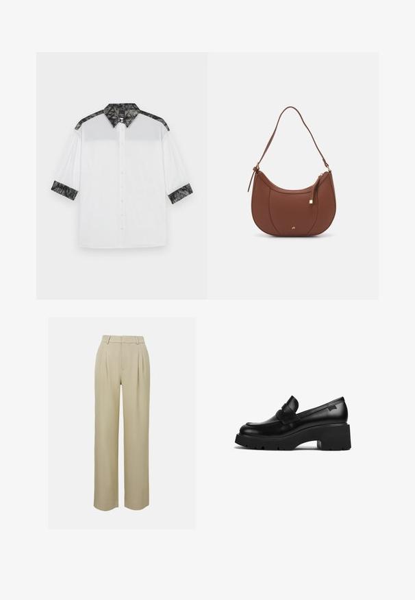 Hvid skjorte med en sort struktureret krave og skulderdetaljer, korte ærmer og knaplukning foran med dekorative knapper.; Beige, bredde benbukser lavet af glat stof, med forlængerplisseringer, skræddersyet taljebånd og sidelommer. Renset kantfinish.; Sorte læder loafers med chunky hæl, tyk sål og en remdetalje henover, vist fra siden på en hvid baggrund.; Brun faux læder skuldertaske med buet form, minimal syning og en guldtonet hardwaredetalje. Har en top lynlåslukning og justerbar rem.