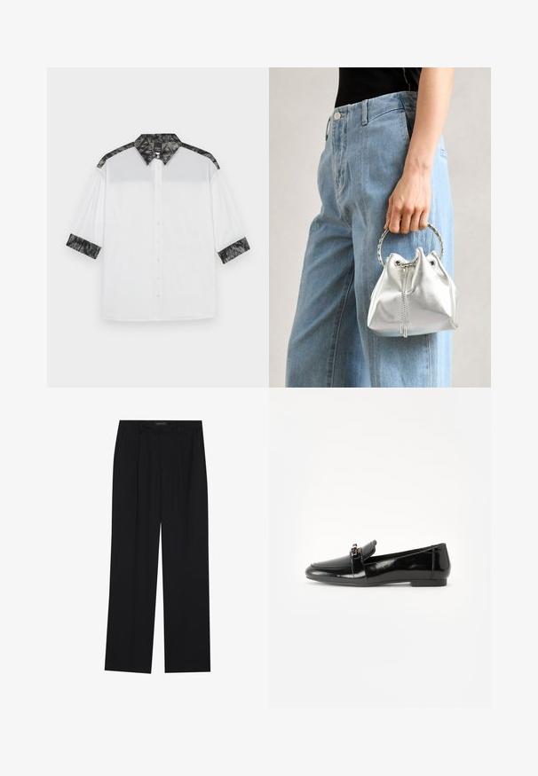 Biela košeľa so čiernym textúrovaným golierom a akcentami na pleciach, krátkymi rukávmi a zapínaním na gombíky s dekoratívnymi gombíkmi.; Čierne nohavice so strihom rovného nohu, s dvoma prednými vreckami a pásom. Vyrobené z hladkej, ľahkej textílie.; Čierne lakované kožené mokasíny s rovnou podrážkou, zaoblenou špičkou a ozdobným pásikom s akcentom v zlatej farbe. Hladký, lesklý povrch.; Metalická strieborná kabelka s textúrovaným povrchom, zdobená striebornou okrúhlou rukoväťou a uzáverom na šnúrku, držiaca sa pred svetlo modrými džínsami.