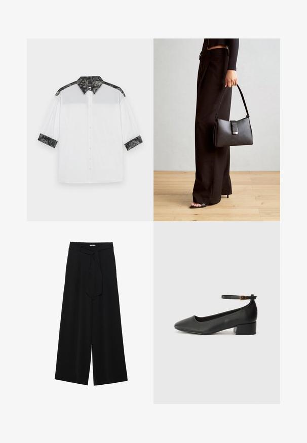 Hvit skjorte med en svart strukturert krage og skuldre, kort erm, og knapper foran med dekorative knapper.; Svart vide bukser med teksturert stoff, elastisk midje og avtagbart belte som gir justerbar passform.; Sorte skinnpumper med spiss tå og lav blokkhelt. Har ankelrem med gullfarget spenne. Glatt tekstur.; Svart håndveske med strukturert form, jevn tekstur og metallisk lås. Kombinert med brede svarte bukser og sandaler med åpen tå på tregulv.