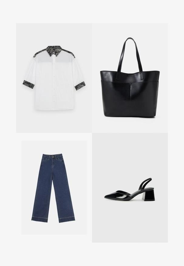 Hvid skjorte med en sort struktureret krave og skulderdetaljer, korte ærmer og knaplukning foran med dekorative knapper.; Vidde bukser i mørkeblå denim. Har fem lommer, bæltestropper og en rå kant nederst med synlige stikninger.; Sorte patentlæder slingback hæle med spids tå og en geometrisk blok hæl. Har et elegant, minimalistisk design og en glat tekstur.; Sort læder tote taske med to lange håndtag, en glat tekstur og en struktureret form. Har en forlommem for ekstra opbevaring.