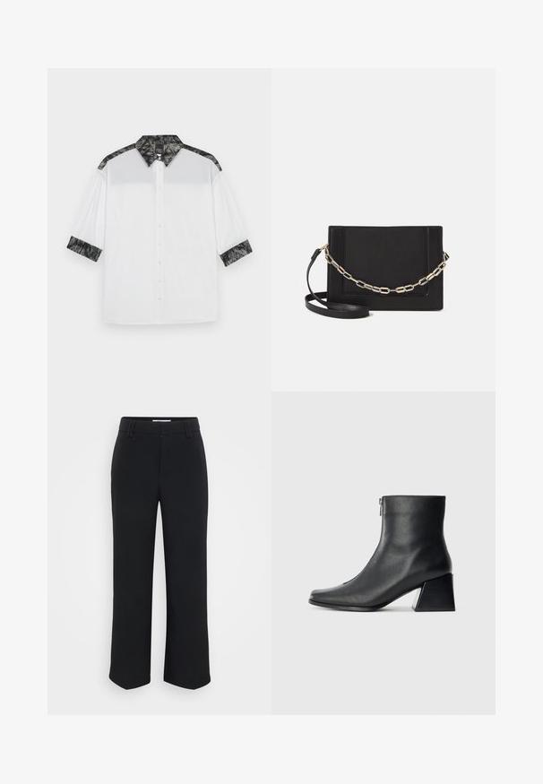 Hvid skjorte med en sort struktureret krave og skulderdetaljer, korte ærmer og knaplukning foran med dekorative knapper.; Sorte brede bukser med en glat tekstur, der har en flad talje og sidelommer, designet med en minimalistisk æstetik.; Sort læderankelstøvle med firkantet tå, lynlås på siden og blokhæl mod en ensfarvet lys baggrund.; Sort læder crossbody taske med en glat tekstur, rektangulær form og en metallisk kæde detalje foran. Justerbar skulderrem inkluderet.