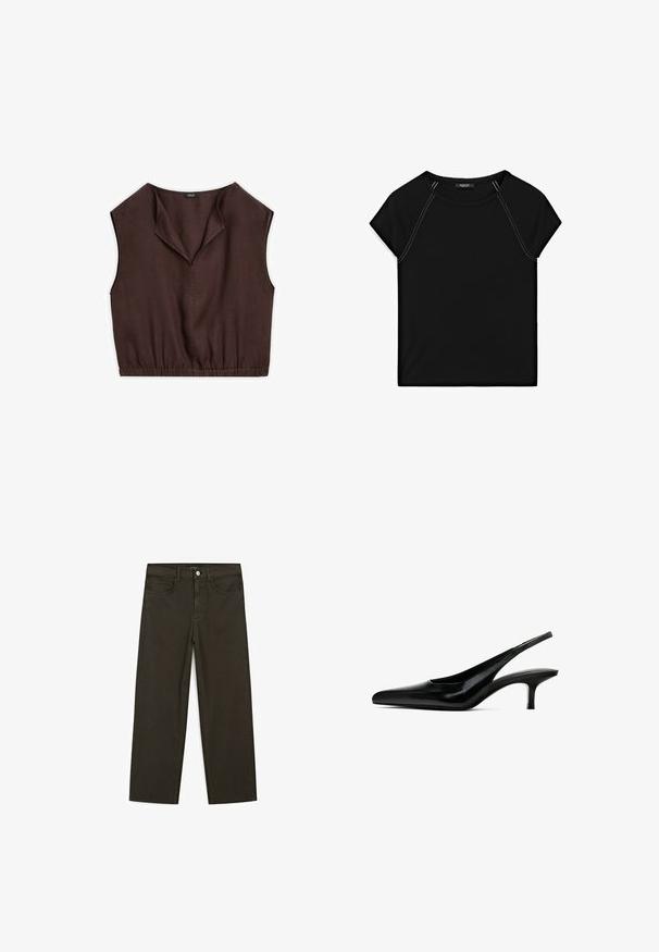 Brown sleeveless top with a folded collar, elastic waistband, and smooth fabric texture, tailored for a cropped fit.; Black short-sleeve top featuring a round neckline and contrast white stitching along the shoulders and sides. Soft, smooth fabric.; Dark green wide-leg jeans made of cotton blend, featuring a front button closure, five pockets, and classic denim stitching.; Black pointed-toe slingback shoe with a glossy leather finish and a thin, low heel. Features a cutout on the side for breathability.