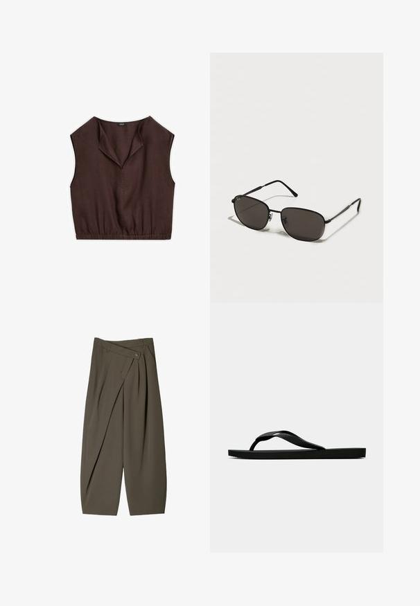 Braun ärmelloses Oberteil mit umgeschlagenem Kragen, elastischem Bund und glatter Stoffstruktur, maßgeschneidert für eine verkürzte Passform.; Weite Hose aus dunkelolivgrünem Stoff mit einem gefältelten Vorderdesign, einem Knopfverschluss und einer glänzenden, strukturierten Oberfläche.; Schwarze Gummi-Flip-Flop-Sandale mit einem strukturierten Riemen und einfacher flacher Sohle, von der Seite auf einem schlichten hellen Hintergrund dargestellt.; Schwarze Metal-Sonnenbrille mit ovalen Rahmen, dunklen Gläsern, schlanken Bügeln und einem dezenten Logo auf dem linken Glas. Elegantes, minimalistisches Design.