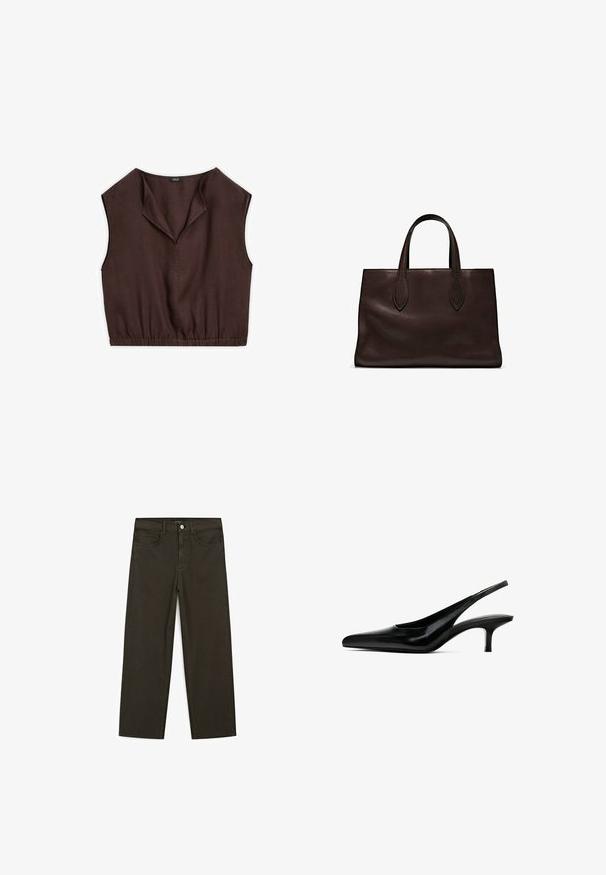 Brown sleeveless top with a folded collar, elastic waistband, and smooth fabric texture, tailored for a cropped fit.; Dark green wide-leg jeans made of cotton blend, featuring a front button closure, five pockets, and classic denim stitching.; Black pointed-toe slingback shoe with a glossy leather finish and a thin, low heel. Features a cutout on the side for breathability.; Brown leather tote bag with two elongated handles, structured rectangular shape, smooth texture, and subtle stitching details.