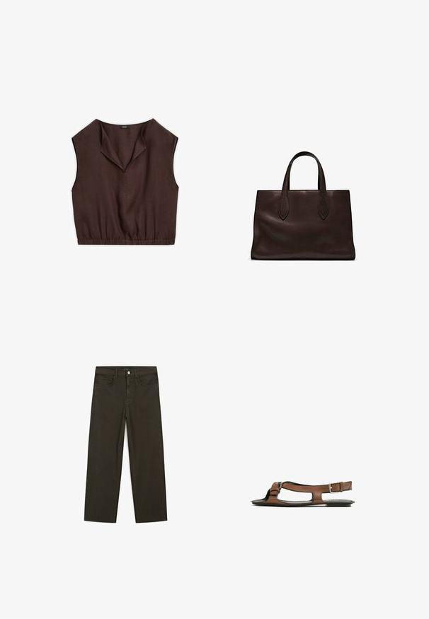Top marrone senza maniche con colletto pieghettato, vita elastica e texture di tessuto liscia, progettato per un fit corto.; Jeans a gamba larga di colore verde scuro, realizzati in tessuto misto cotone, dotati di chiusura con bottone frontale, cinque tasche e cuciture classiche in denim.; Sandal in pelle marrone con punta aperta e ritagli laterali. Presenta una fascia alla caviglia con una fibbia metallica e una suola piatta.; Borsa a spalla in pelle marrone con due manici lunghi, forma rettangolare strutturata, texture liscia e dettagli di cucitura sottili.