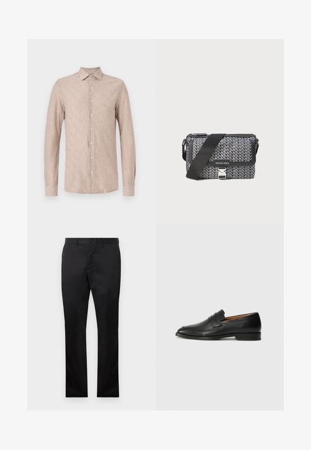 Striped button-up shirt in beige and white. Features long sleeves, a collar, and a straight hem. Made from lightweight fabric.; Black cotton trousers with a straight leg design, featuring a front button closure and side pockets, smooth texture, no visible patterns.; Black leather loafer with a rounded toe, subtle stitched detailing, and a low heel, featuring a smooth texture and minimalist design.; Black and gray patterned crossbody bag featuring a geometric design, zip closure, and a silver-tone hardware accent. Adjustable strap included.