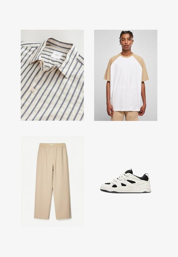 Valkoinen paita, jossa on sinisiä pystysuoria raitoja, taitettu kaulus, nappikiinnitys ja teksturoitu kangas. Merkkilogo näkyvissä sisällä.; Valkoinen lyhythihainen t-paita, jossa on vaaleanruskeat raglan-hihat. Sileä kangas, rento malli ja pyöreä kaula-aukko, suora helma alareunassa.; Harmaat leveät housut, joissa on joustava vyötärö, valmistettu pehmeästä kankaasta, ja joissa on sileä pinta sekä vähäiset ompeluyksityiskohdat.; Valkoiset ja mustat urheilukengät, joissa on teksturoitu pohja, sivuilla leikkauksia ja nauhoja, sekä pehmustettu takapohja tuen tarjoamiseksi.