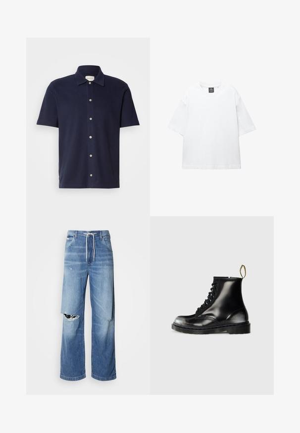 Námornícky modré polo tričko s krátkymi rukávmi a klasickým golierom, s gombíkovým zapínaním a malým vyšitým logom na hrudi.; Biely krátky rukáv tričko vyrobené z bavlny, s okrúhlym výstrihom a voľným strihom so rovnomerným lemovaním. Bez vzorov alebo ozdôb.; Svetlomodré džíny s voľným strihom, so bielym šnúrkovým pásom a výraznými roztrhnutiami na prednej strane, ktoré odhaľujú rozstrapkané okraje.; Čierne kožené členkové topánky s lesklým povrchom, s ôsmymi otvorom pre šnurovanie, čiernymi šnúrkami a s náťahovým pútkom. Majú textúrovanú podrážku.
