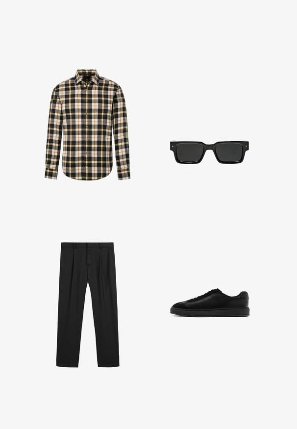 Camicia a maniche lunghe con bottoni, caratterizzata da un motivo a quadri multicolore nei colori nero, bianco, arancione e grigio, con colletto classico e orlo curvo.; Polo shirt nero a maniche corte con colletto rialzato e zip frontale. Realizzato in un tessuto liscio con un design pulito e minimalista.; Pantaloni neri plissettati realizzati in un tessuto liscio, con una vita tradizionale e un design a gamba dritta. Nessun motivo visibile o elementi in metallo.; Sneaker in pelle nera con finitura liscia, punta rotonda, laccio frontale e linguetta testurizzata a contrasto. Suola in gomma nera spessa.; Occhiali da sole rettangolari neri con lenti scure, montatura in plastica lucida e piccoli dettagli firmati sulle tempie. Profilo piatto e angoli netti.