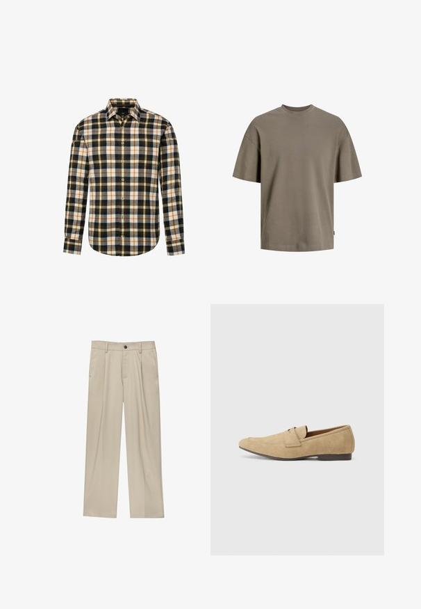 Camicia a maniche lunghe con bottoni, caratterizzata da un motivo a quadri multicolore nei colori nero, bianco, arancione e grigio, con colletto classico e orlo curvo.; T-shirt in cotone di un verde oliva tenue; presenta un collo rotondo, maniche corte e una vestibilità rilassata con dettagli di cucitura minimi.; Pantaloni beige a taglio dritto, con un solo bottone nero, passanti per la cintura e tasche laterali. Tessuto dalla texture liscia e design minimale.; Mocassini in suede beige con una leggera lucentezza, caratterizzati da una punta rotonda, design slip-on e un tacco basso marrone. Dettaglio di cuciture sobrie.