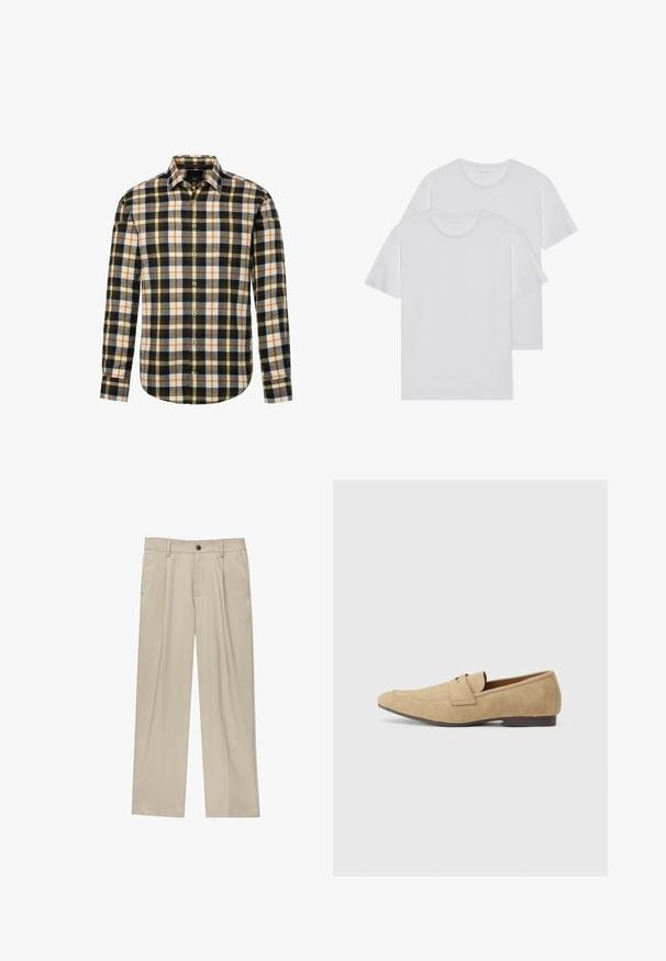 Halenka na knoflíčky s dlouhým rukávem, která má vícebarevný kostkovaný vzor v černé, bílé, oranžové a šedé barvě, klasický límec a zakřivený lem.; Dvě bílé bavlněné trička s kulatým výstřihem, krátkými rukávy a jemnou texturou. Obě mají jednobarevný design a žádné viditelné vzory nebo kovové prvky.; Béžové kalhoty klasického střihu, se jedním černým knoflíkem, poutky na opasek a bočními kapsami. Hladká textilie a minimalistický design.; Semišové loafery v béžové barvě s mírným leskem, s kulatou špičkou, snadným obouváním a nízkým hnědým podpatkem. Jemné detaily šití.