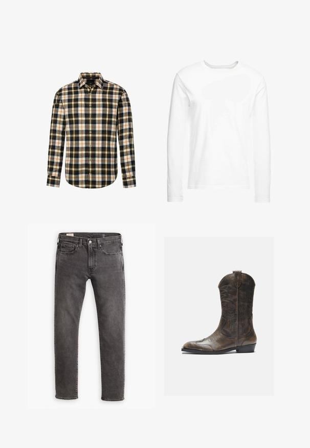 Camisa de manga larga con botones que presenta un patrón de cuadros de múltiples colores en negro, blanco, naranja y gris, con un cuello clásico y dobladillo redondeado.; Camiseta blanca de manga larga hecha de algodón suave. Cuello redondo con dobladillos rectos y sin patrones ni gráficos visibles.; Jeans de mezclilla gris con corte recto, diseño de cinco bolsillos y cierre de botón. Presenta un ligero desgaste y costuras tonal a lo largo.; Bota de cowboy de cuero marrón con un caña alta, puntera puntiaguda, patrones de costura intrincados y un tacón pequeño. Acabado texturizado en toda la bota.