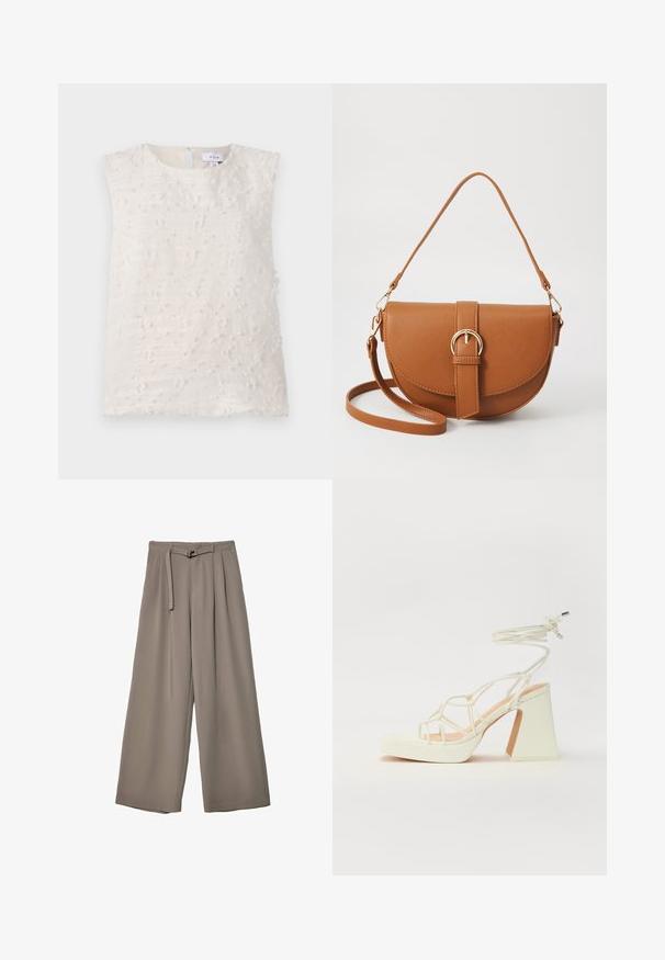 Bezrukávý top v světle béžové barvě s texturovaným povrchem, který má vyvýšené nepravidelné vzory a klíčovou dírku na zadní straně. Bez viditelných kovových prvků.; Kalhoty s širokými nohavicemi v měkké, tlumené šedé látce, s páskem v pase a sklady pro přidaný designový detail. Hladká textura, bez vzorů.; Bílé sandály na vysokém podpatku s robustním podpatkem, s designem s pásky a zavazováním kolem kotníku. Hladký povrch s platformou vpředu pro zvýšení výšky.; Hnědá kožená křížová taška s zakřiveným tvarem, zlatými detaily a akcentem s přezkou. Obsahuje odnímatelný popruh na rameno.